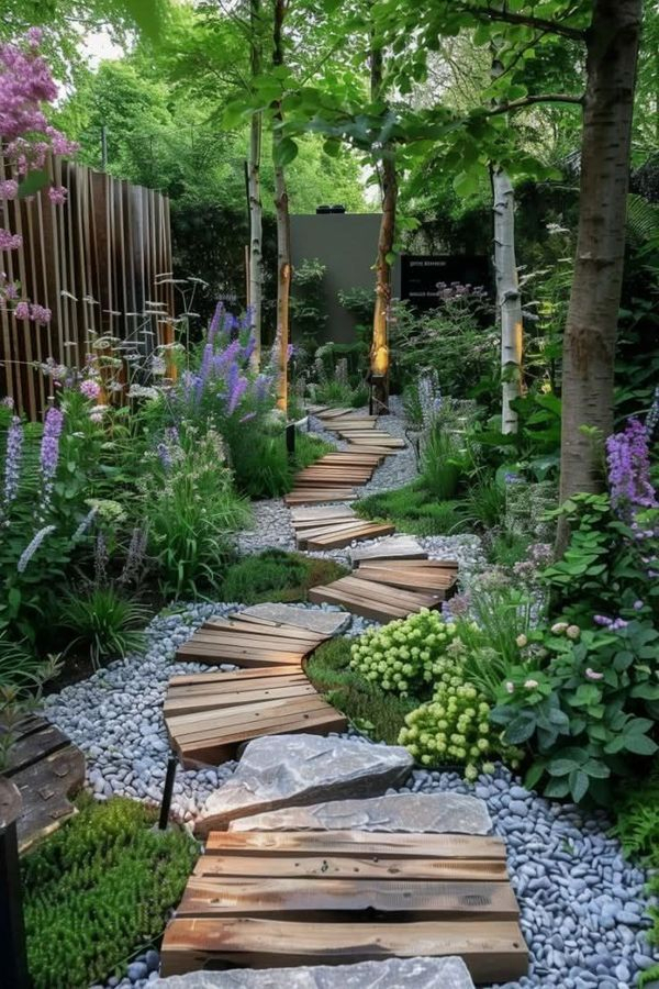 Relaxed California backyard with decomposed granite ground cover, a corten steel fire bowl, three cedar slab lounge chairs with cushions, surrounded by native shrubs, agave, and a large oak tree canopy.