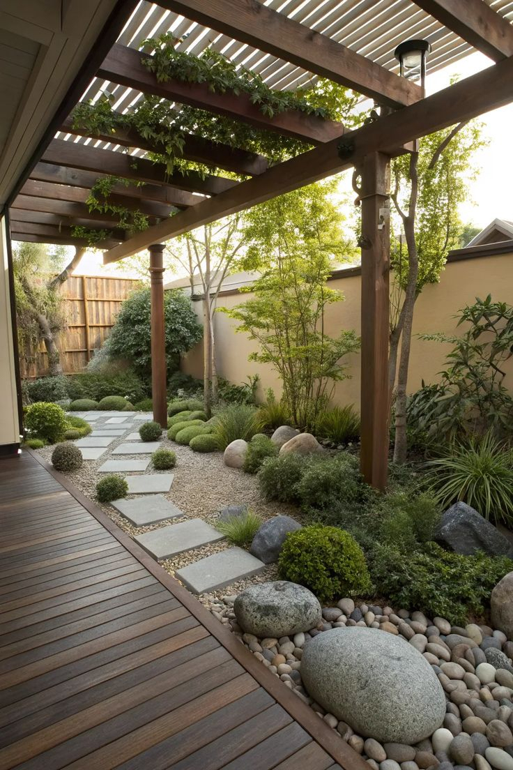 Japanese-inspired backyard under a dark stained wood pergola with wisteria vines, large concrete stepping stones set through river rock and boulders, trimmed mounding ball shrubs, ornamental trees, and a hardwood deck edge.