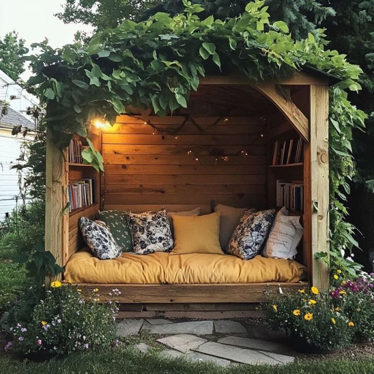 A charming backyard wood garden nook with a daybed covered in mustard cushions and floral pillows, built-in bookshelves on both sides, and climbing vines and fairy lights on the exterior, surrounded by wildflowers.