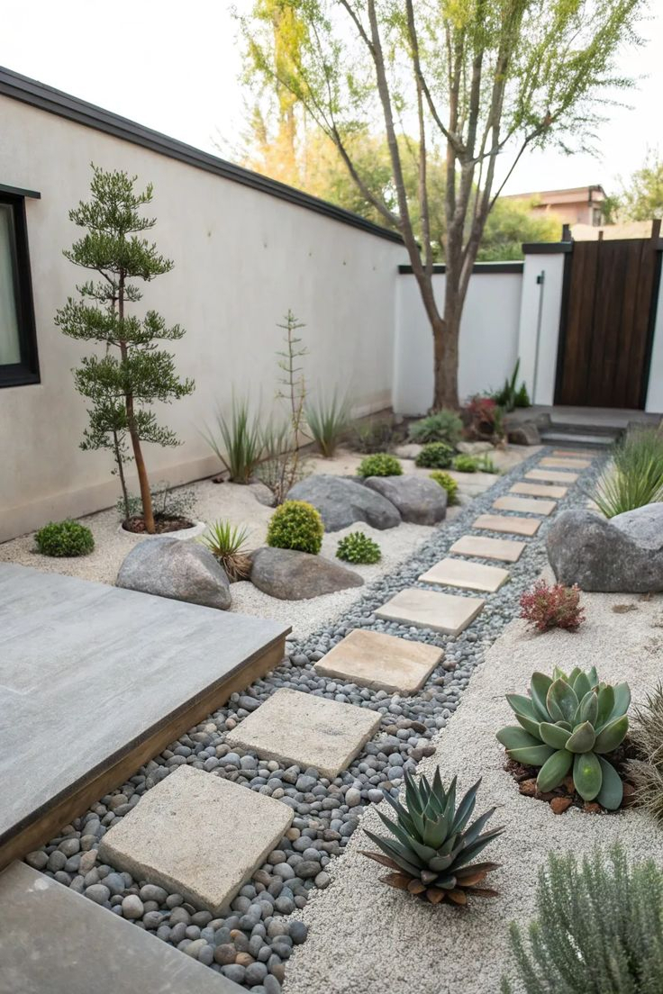 A clean modern desert backyard with square stone stepping pads in a pea gravel and white gravel path, flanked by agave, echeveria, round shrubs, boulders, and a sculptural conifer beside a white stucco wall.