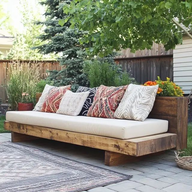 A large DIY-style outdoor sofa built from reclaimed dark wood with a thick cream mattress cushion and layered bohemian throw pillows, placed on a patterned outdoor rug on a paver patio under shade trees.