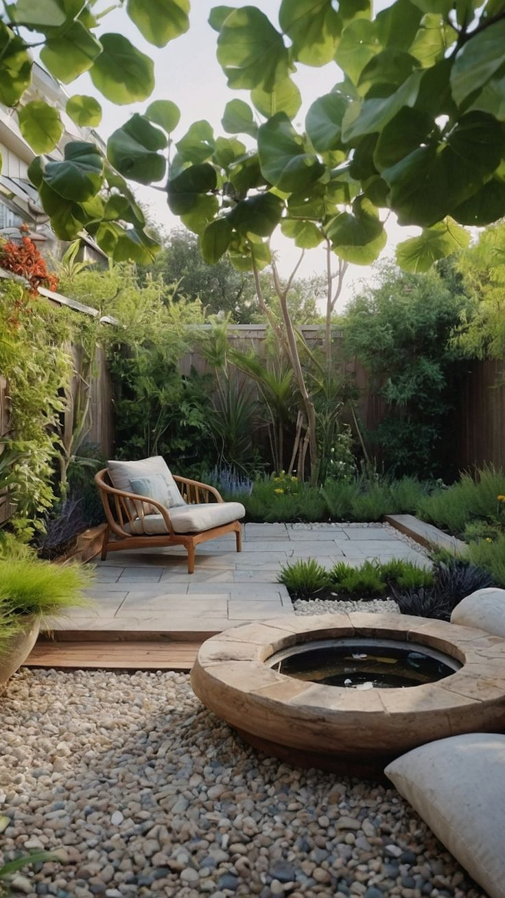 A secluded backyard nook with a large stone water bowl feature, a rattan lounge chair, pea gravel and flagstone patio, surrounded by lush native plants, lavender, ornamental grasses, and trees with large leaves overhead.