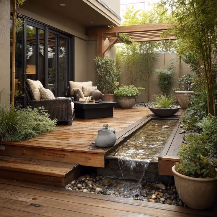 Small courtyard with wood deck, narrow rill water feature with flowing water, wicker lounge seating, bamboo plantings, and a wood pergola overhead.