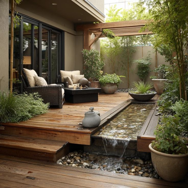 Small courtyard with wood deck, narrow rill water feature with flowing water, wicker lounge seating, bamboo plantings, and a wood pergola overhead.