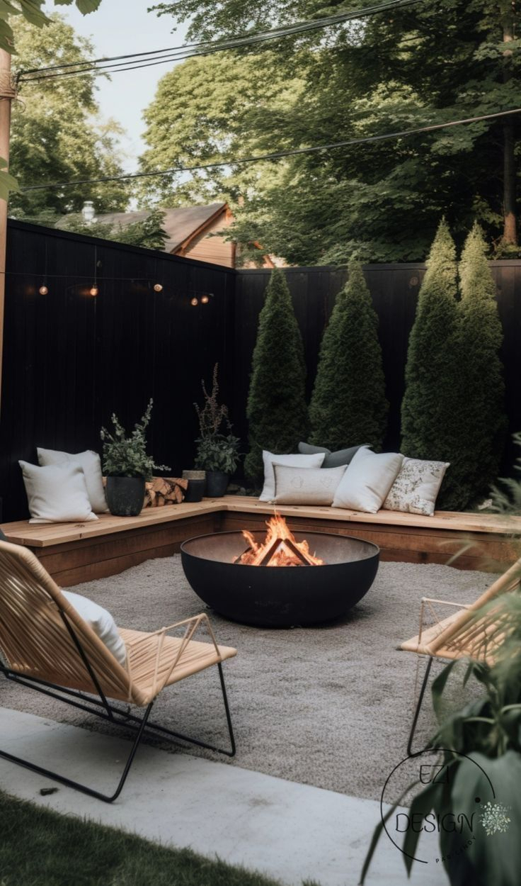 Modern backyard with black painted fence, round black fire pit bowl on gravel, built-in wood bench with white cushions, evergreen topiaries, and string lights.