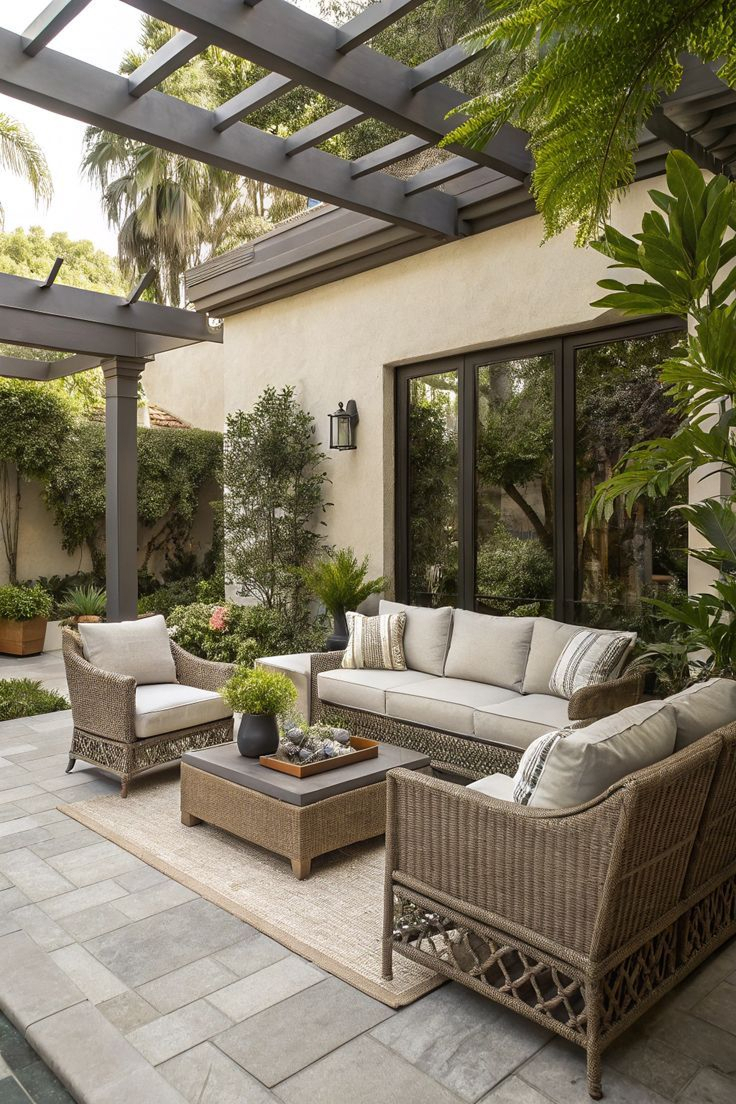 Mediterranean-style patio with large wicker sectional sofa, neutral cushions, slate tile flooring, dark metal pergola, tropical plants, and palm trees in background.