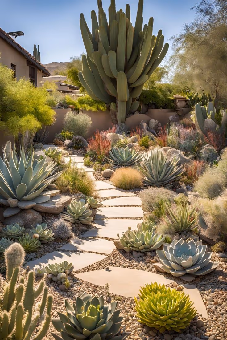 Desert garden with large saguaro cactus, agave, echeveria, ornamental grasses, and colorful drought-tolerant plants flanking wide concrete stepping stone pathway.