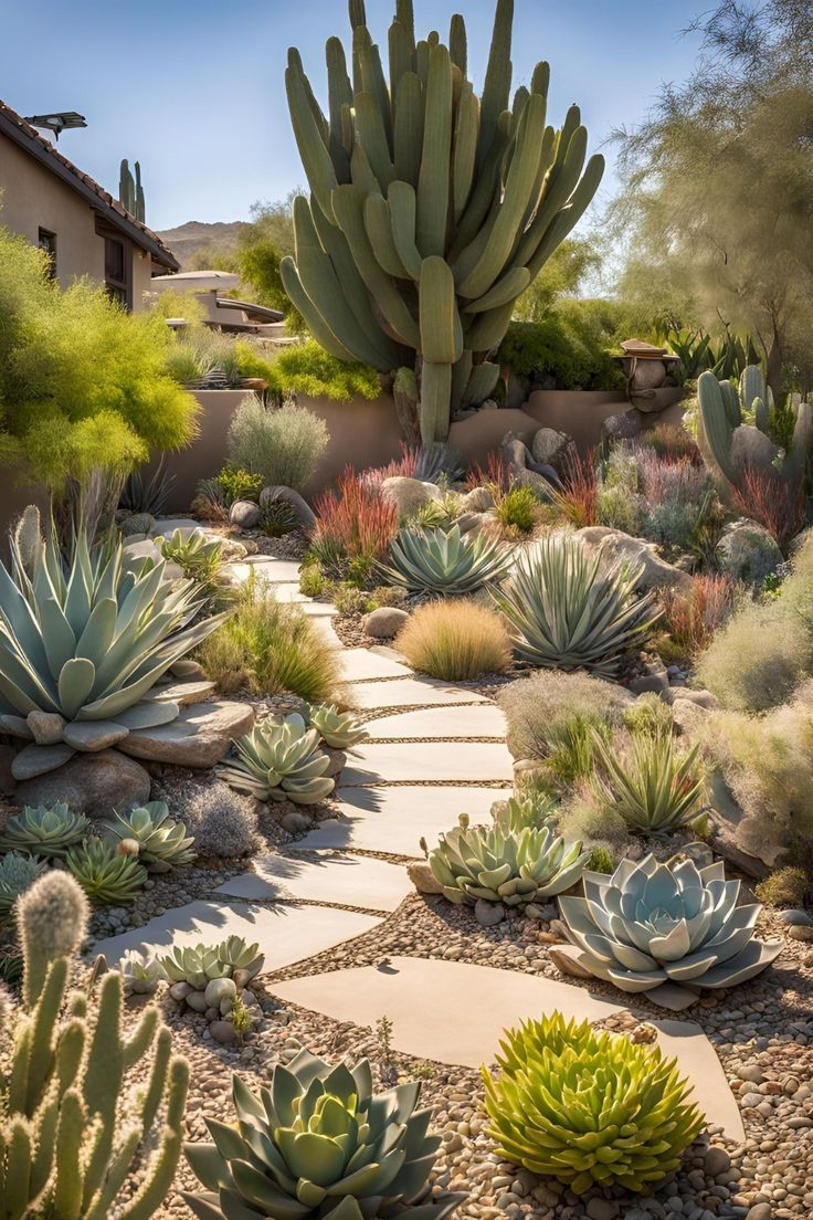Desert garden with large saguaro cactus, agave, echeveria, ornamental grasses, and colorful drought-tolerant plants flanking wide concrete stepping stone pathway.