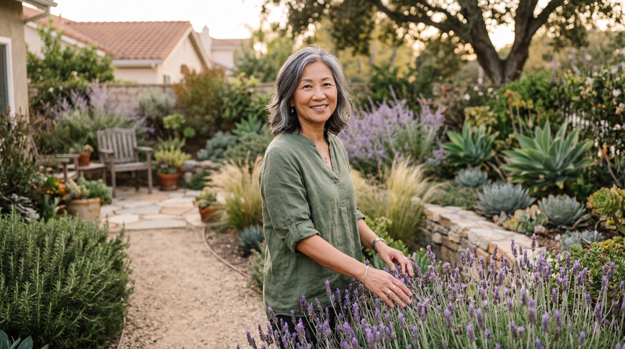 Margaret Chen standing in her Irvine garden surrounded by lavender, drought-tolerant succulents, and flagstone pathways at golden hour