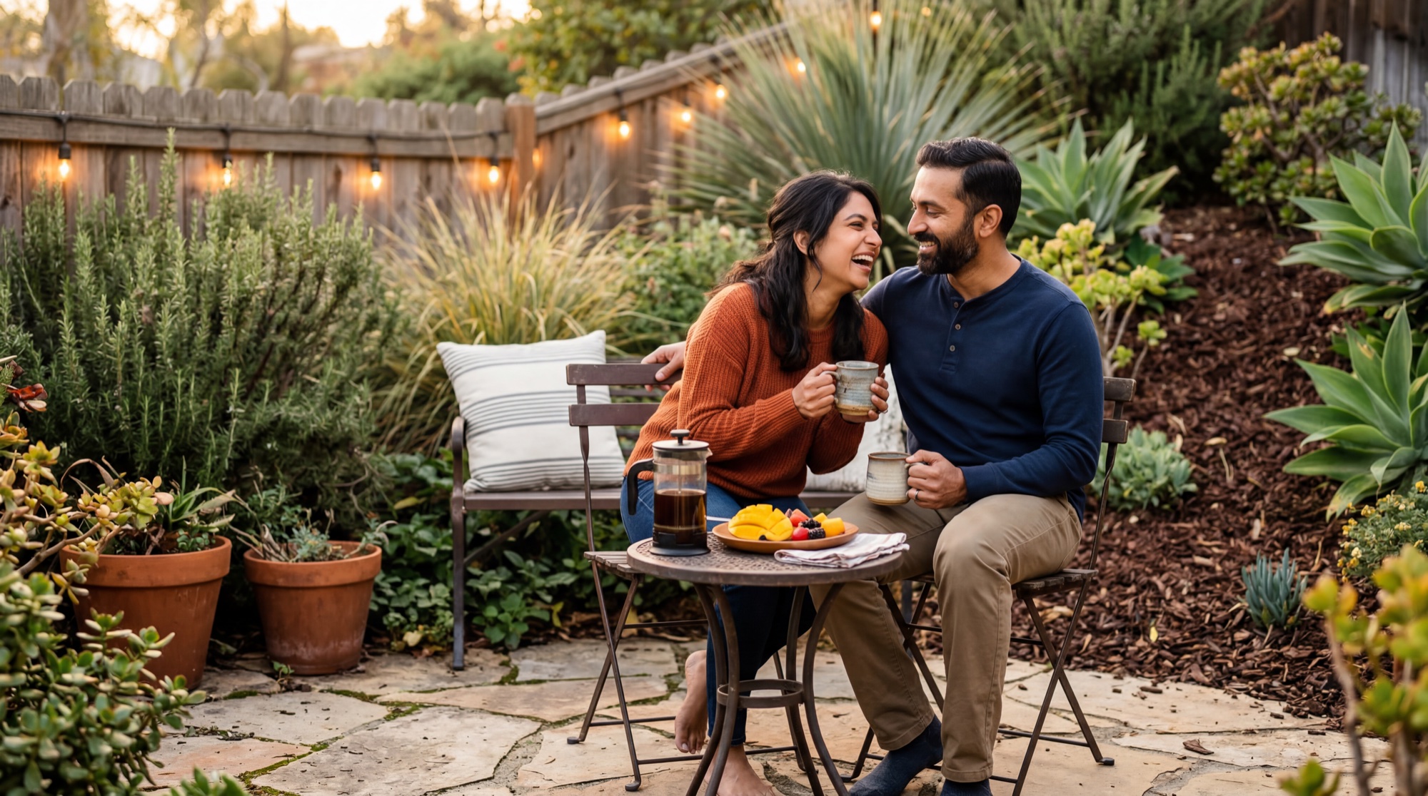 Priya and Raj Patel enjoying morning coffee at a bistro table in their drought-tolerant Southern California backyard with string lights and native plantings