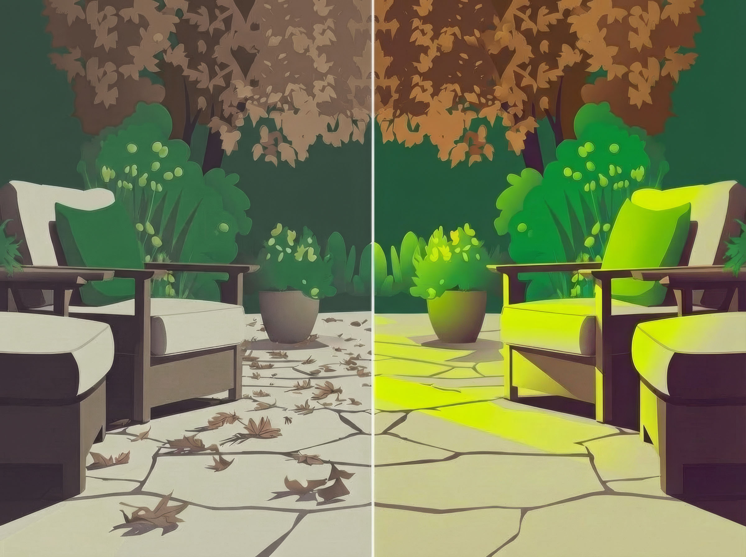 Side-by-side illustration of a backyard patio before and after fall leaf cleanup