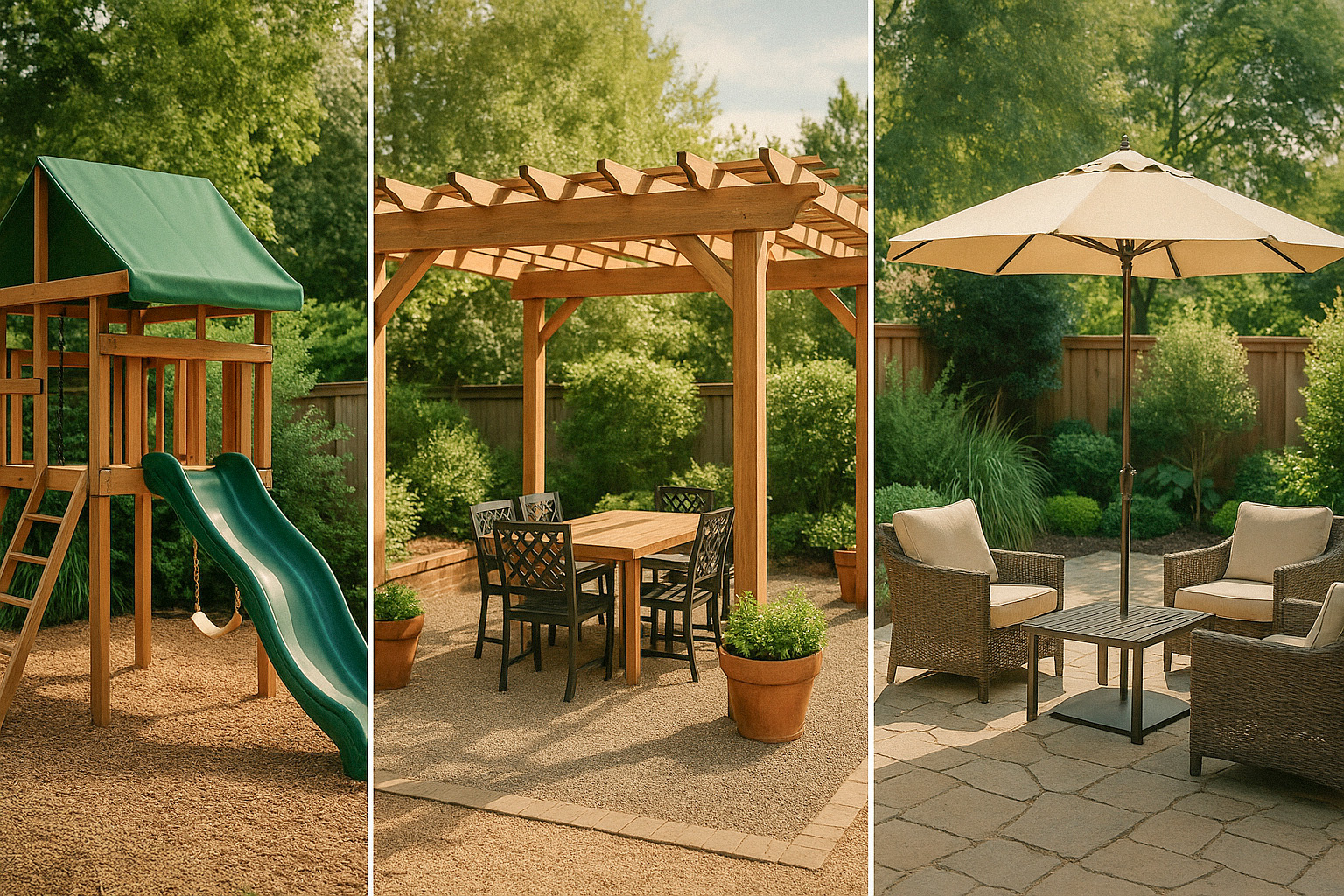 Three backyard shade options: playground canopy, wooden pergola with dining set, and patio umbrella with seating