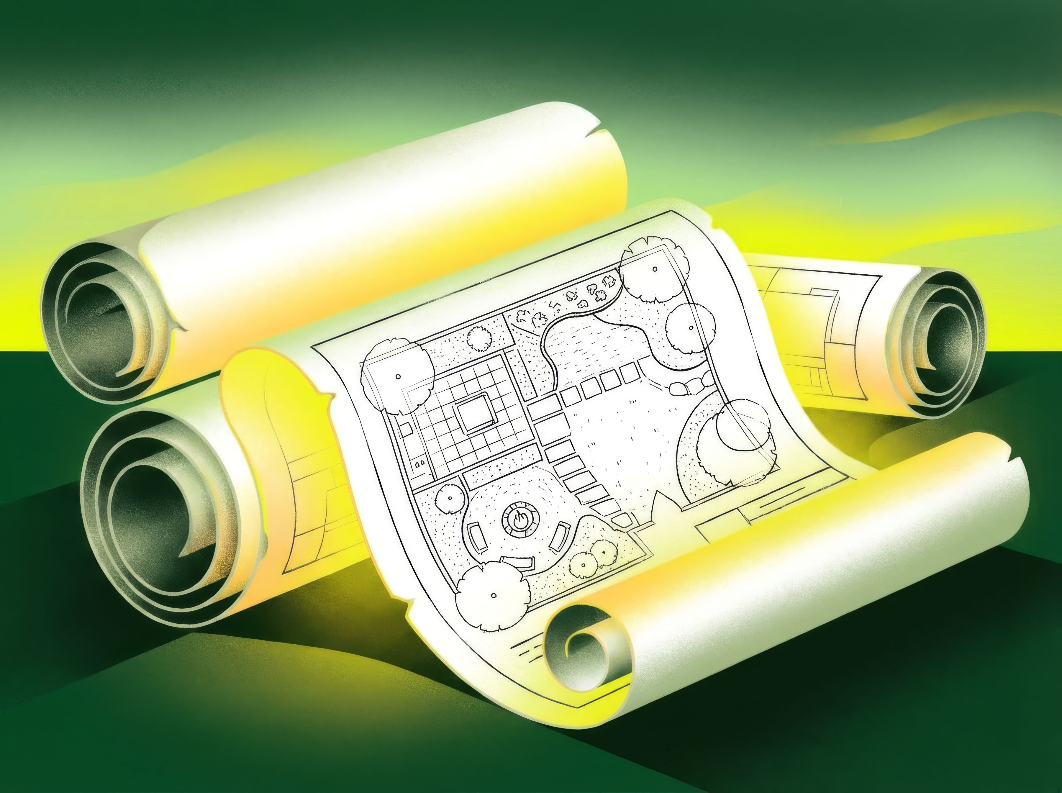Rolled landscape design blueprints showing a detailed backyard layout plan
