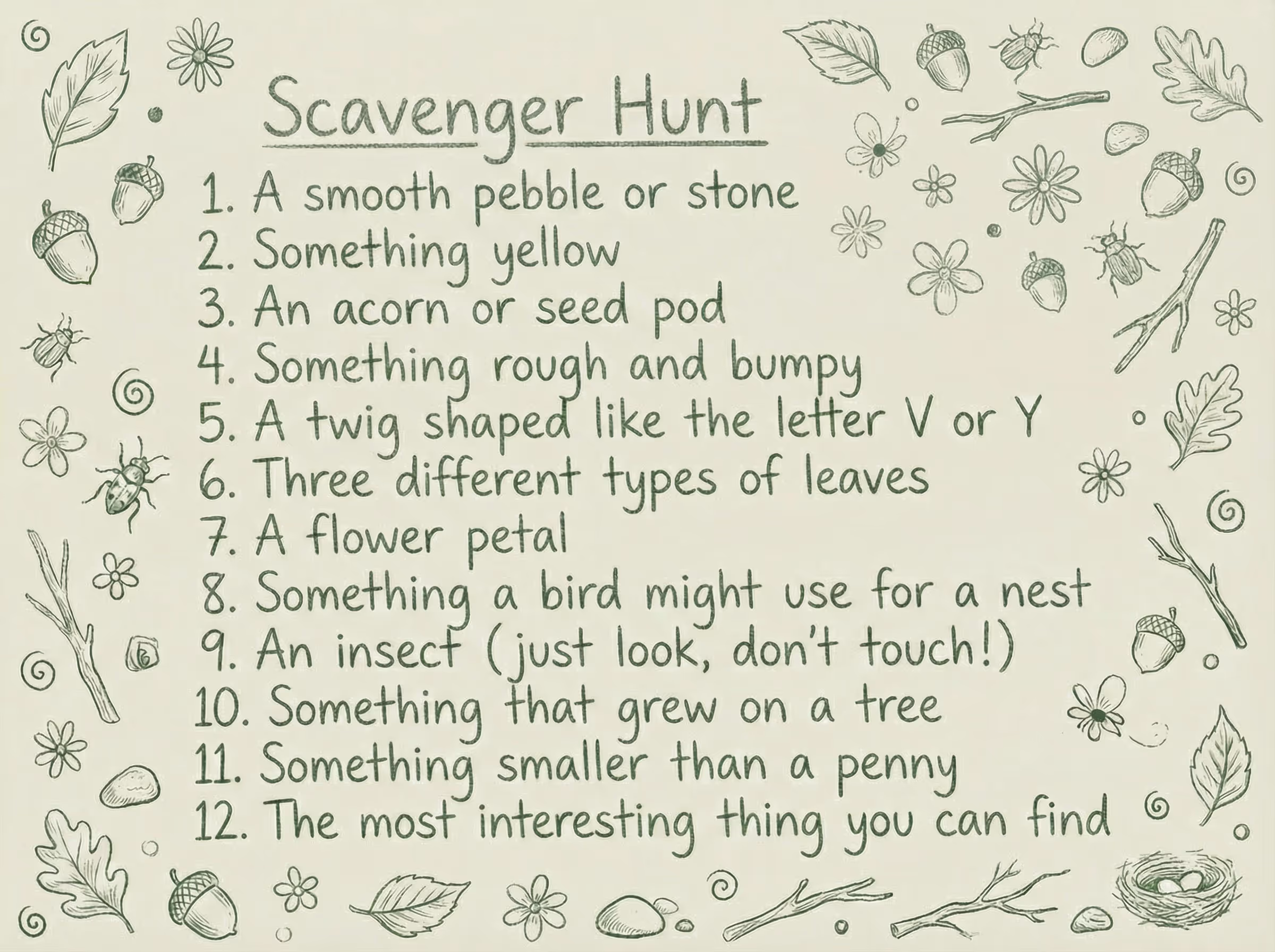 Printable nature scavenger hunt checklist with 12 outdoor items for kids to find