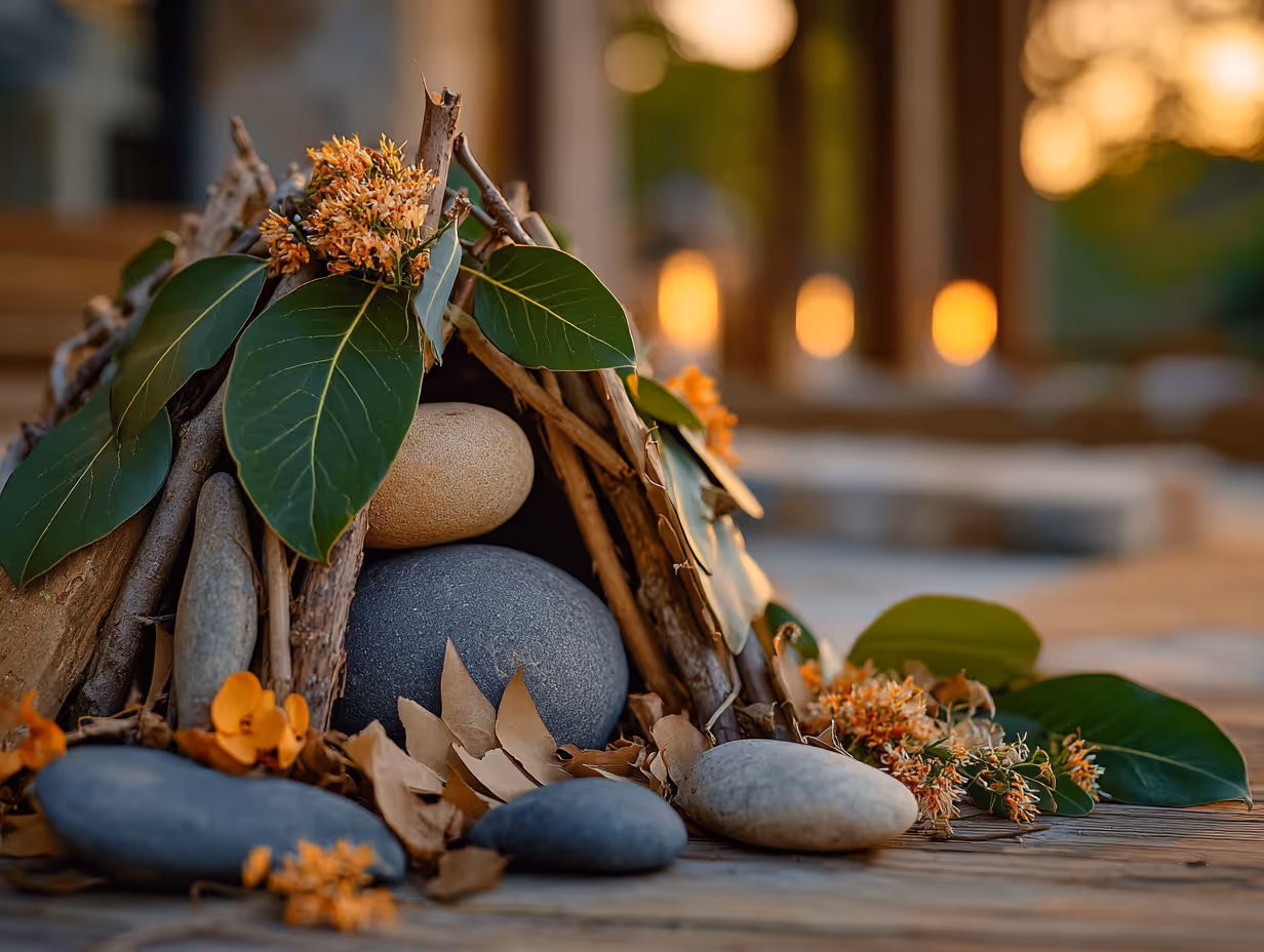 Miniature fairy house built with twigs, smooth stones, green leaves, and dried flowers