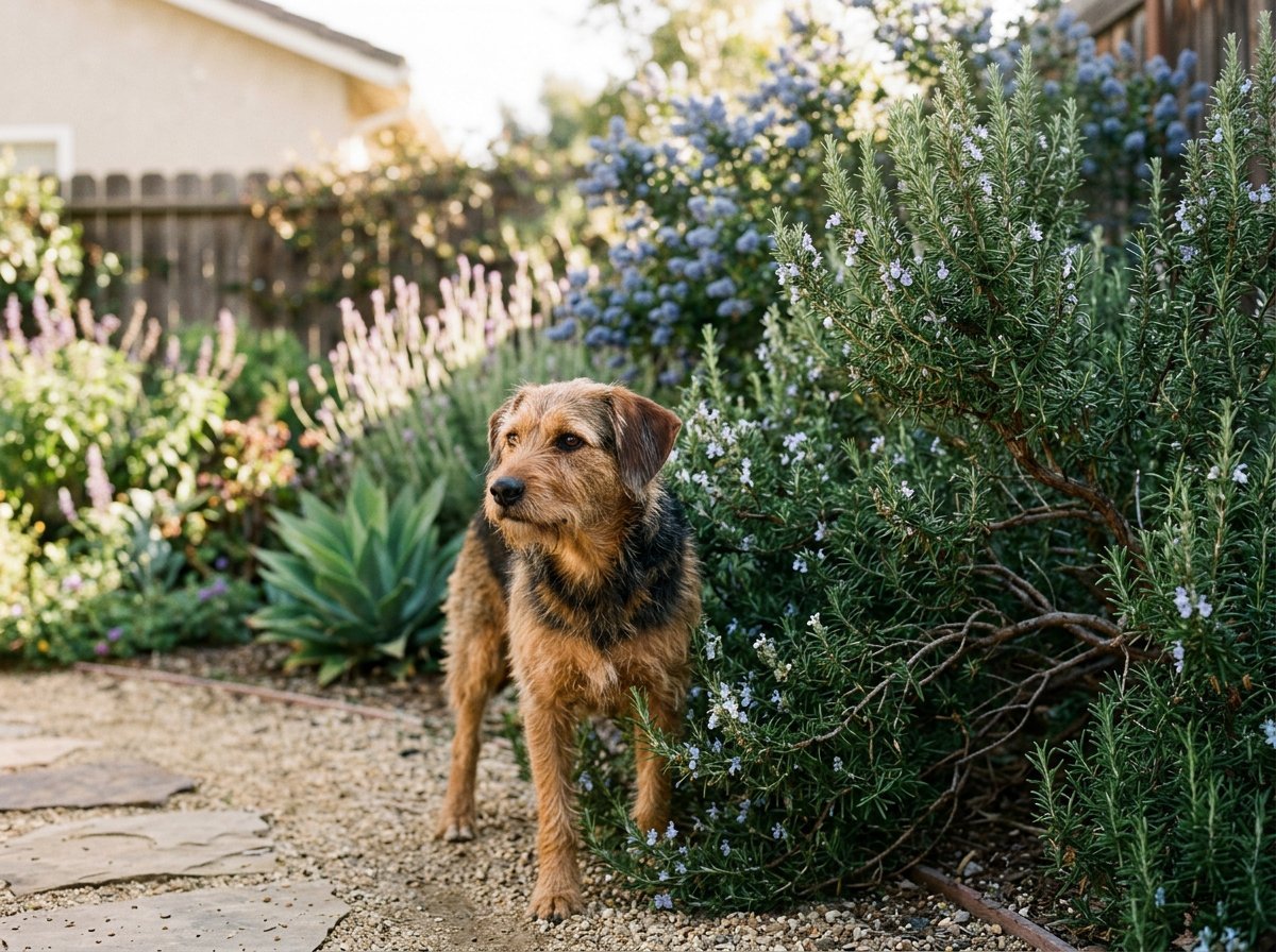 Dog-safe ground cover plants including creeping thyme and kurapia in a Southern California backyard with shaded play area