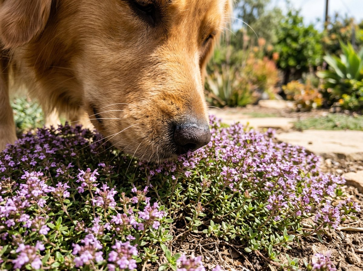 Zoned backyard layout showing separate dog play area, potty station, and protected garden beds with pet-safe plants