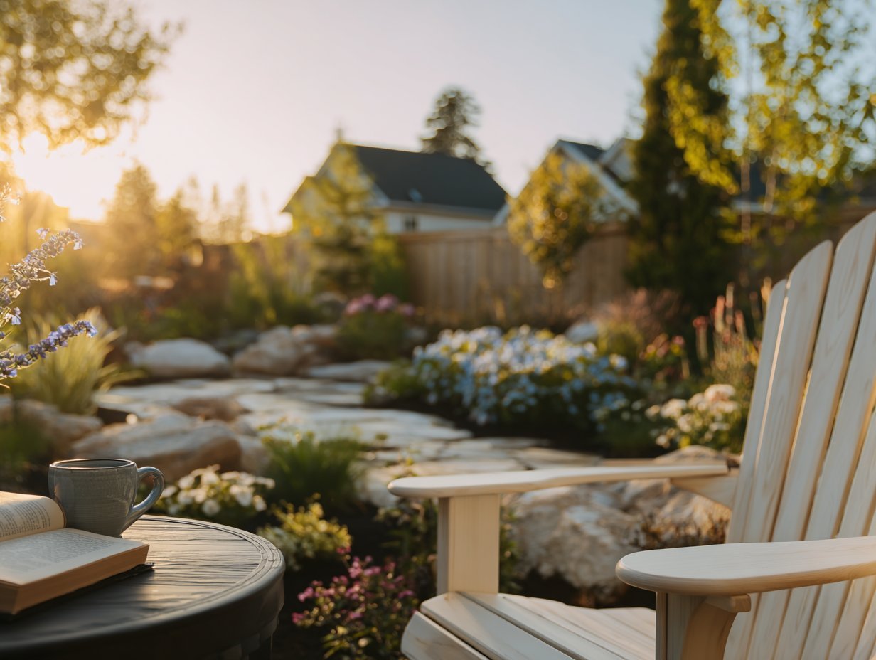 Kid-friendly backyard zone with natural play features and comfortable seating area for parents in Orange County home