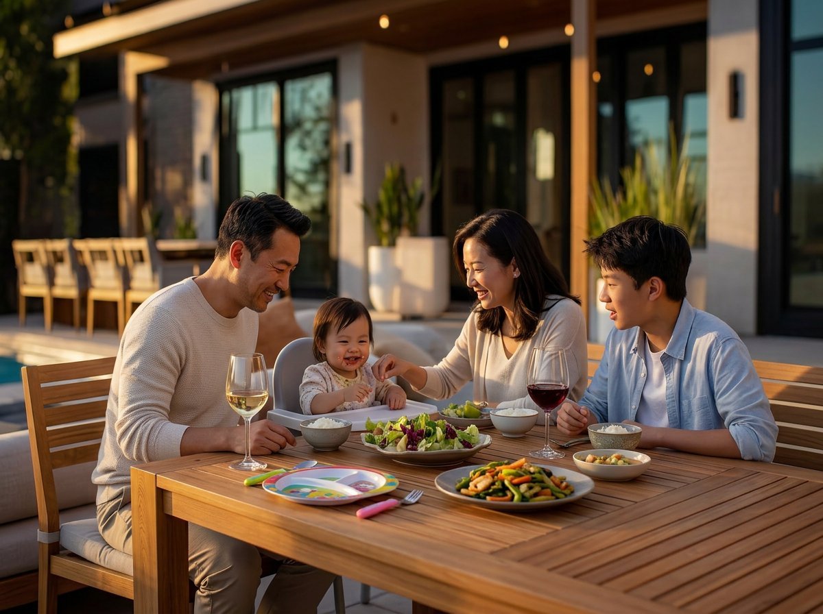 Family enjoying outdoor dining in a zoned Southern California backyard with fire pit gathering area and play space