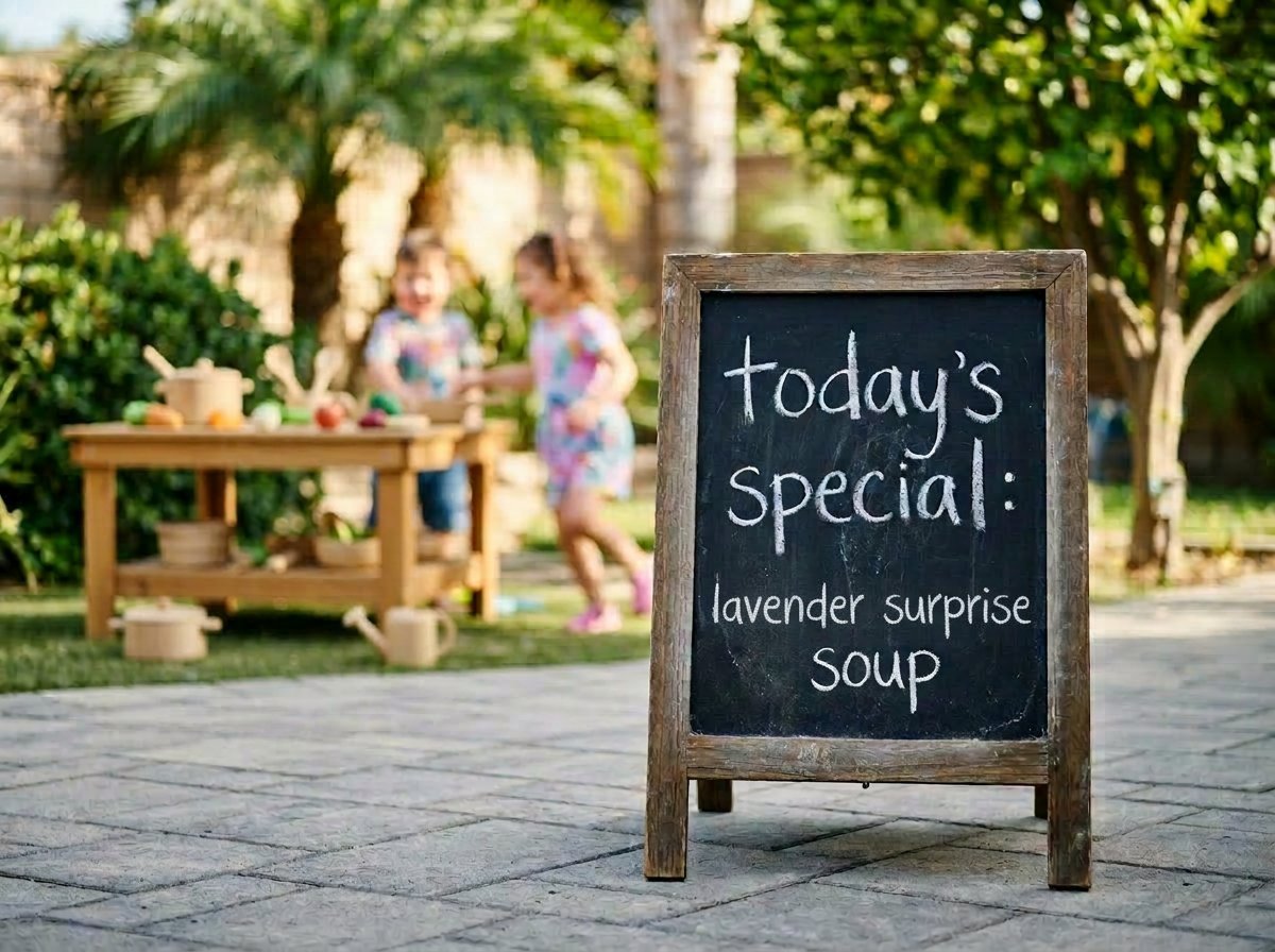 Completed backyard mud kitchen station built with cedar wood, metal pots, and water-wise plants for year-round sensory play