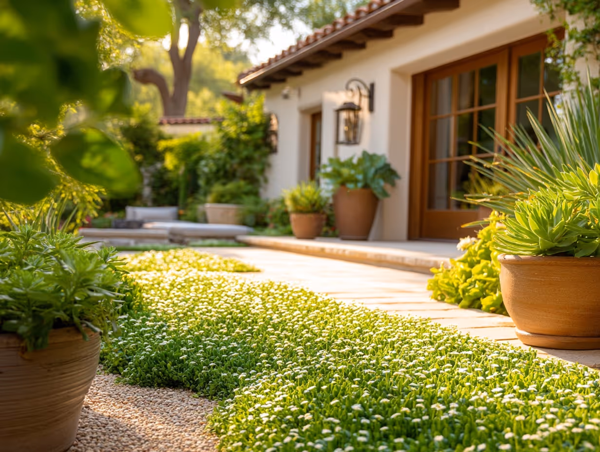 Low-growing ground cover plants filling a pathway beside a Mediterranean-style home in Southern California