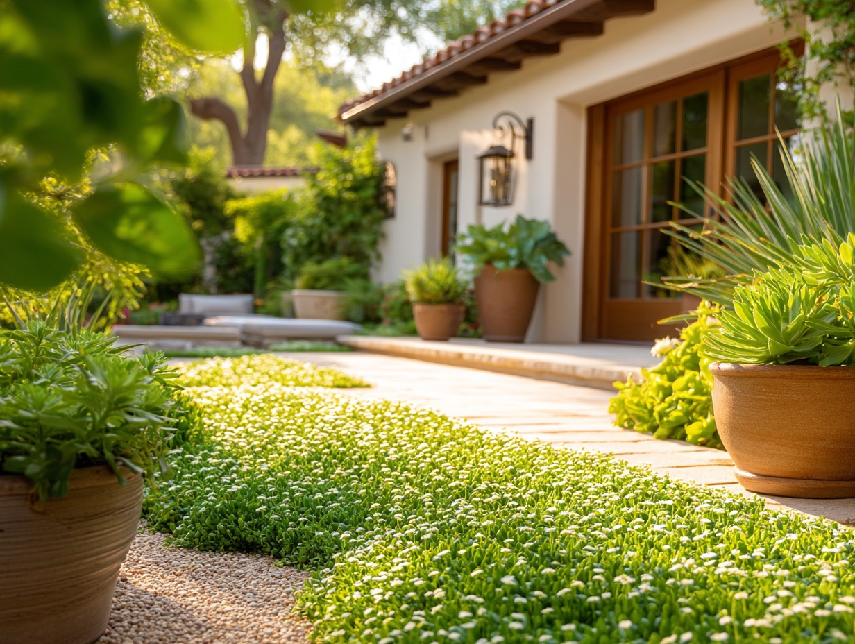 Low-growing ground cover plants filling a pathway beside a Mediterranean-style home in Southern California