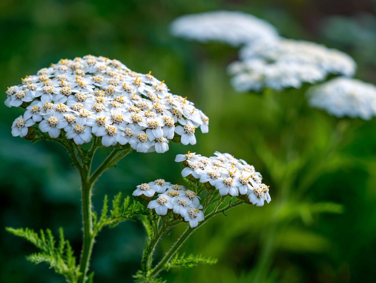 Close-up of white yarrow flowers blooming in a Southern California drought-tolerant ground cover garden
