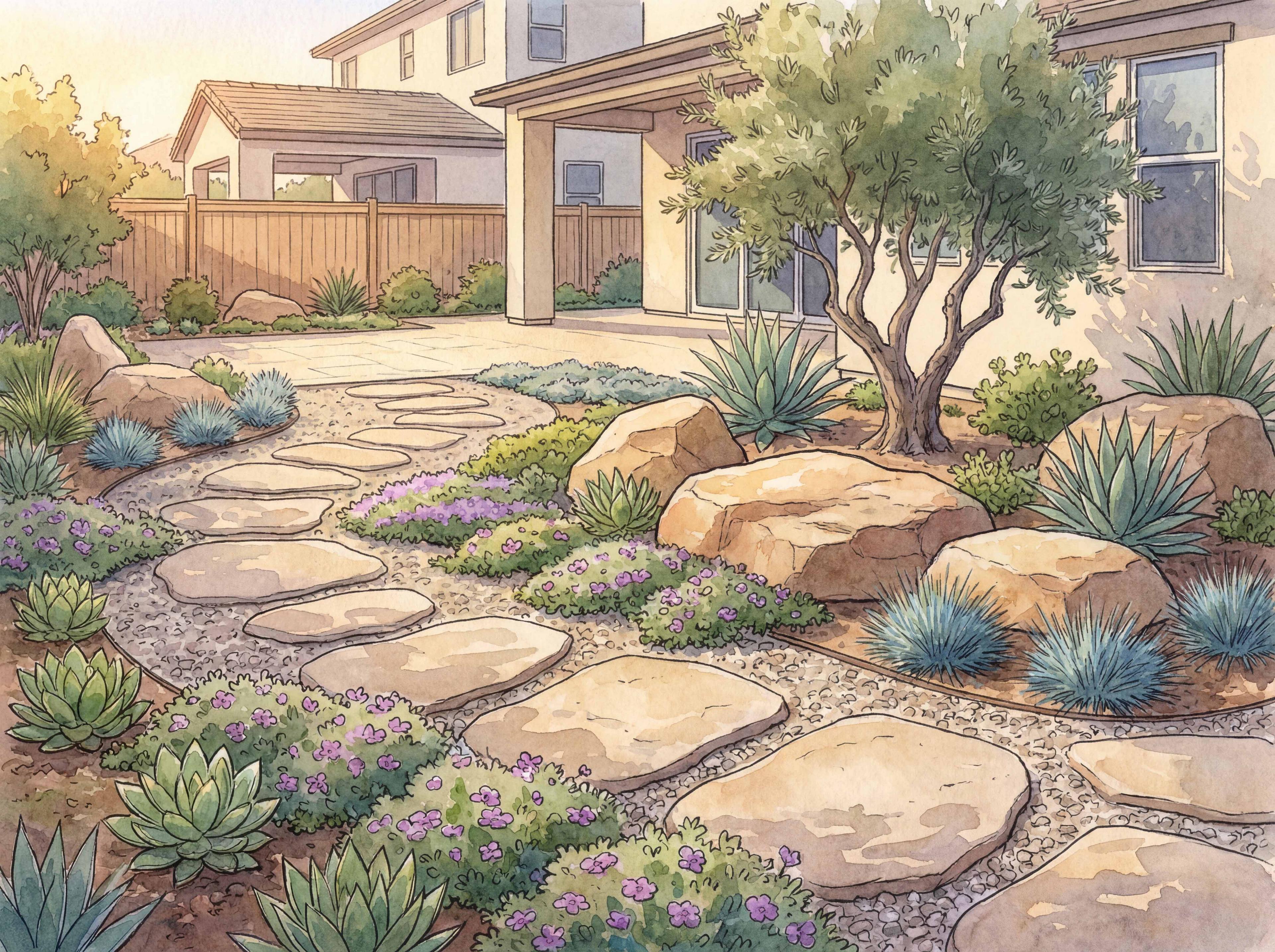 Illustrated drought-tolerant front yard with flagstone stepping stones, ground cover plants, agave, and boulders in Southern California