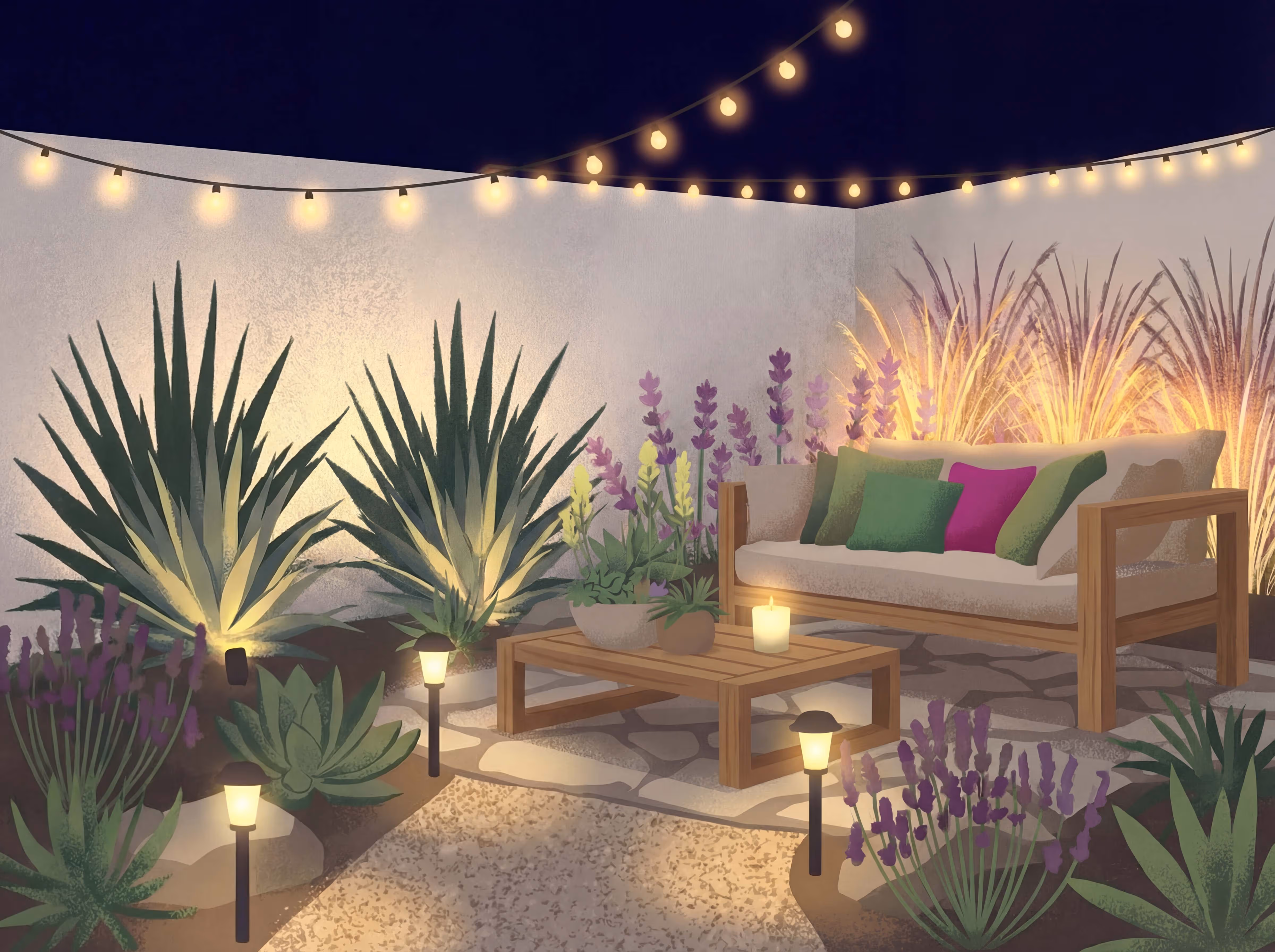Outdoor seating area with landscape lighting, string lights, and drought-tolerant plants at night in Southern California
