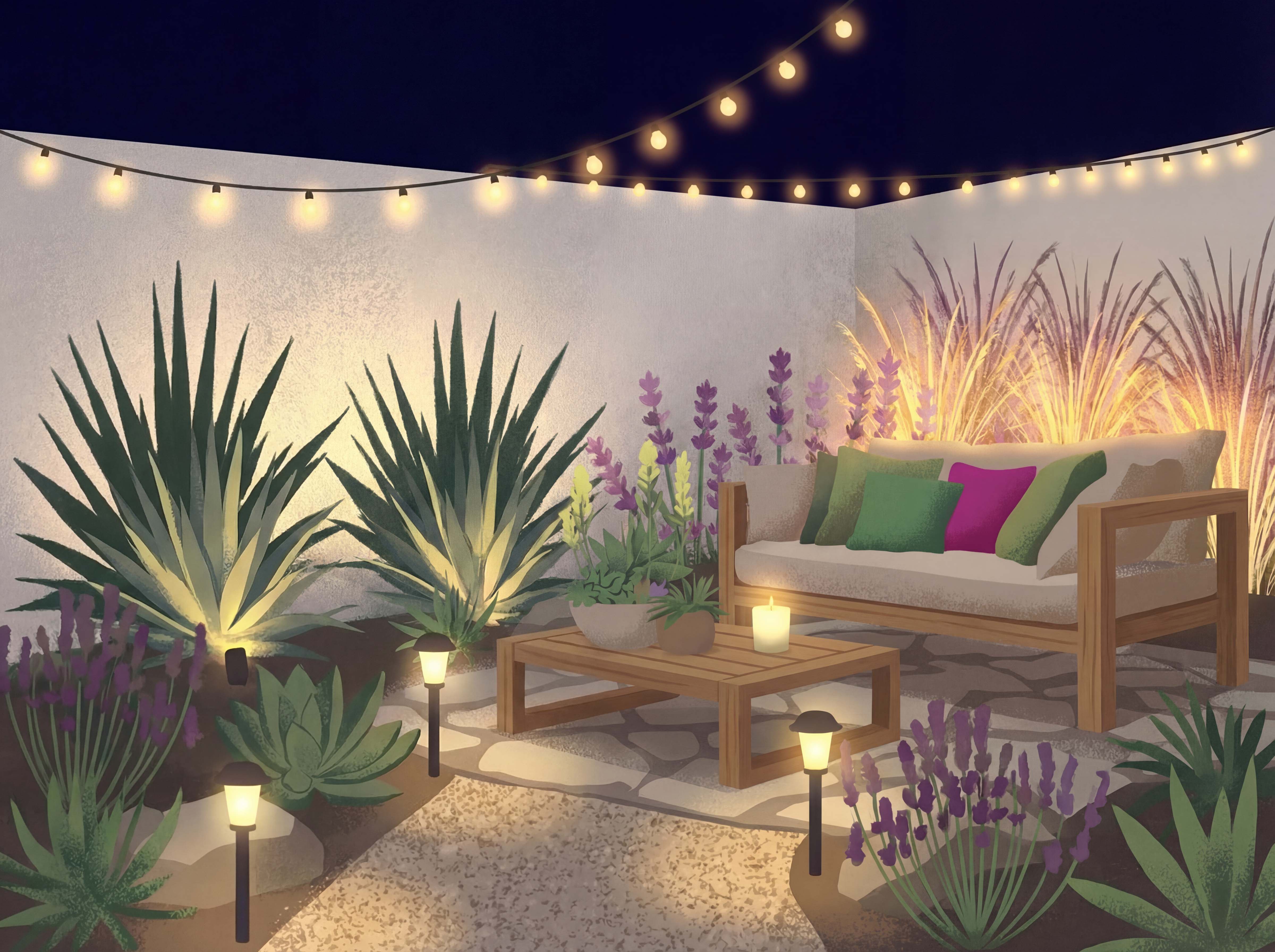 Outdoor seating area with landscape lighting, string lights, and drought-tolerant plants at night in Southern California