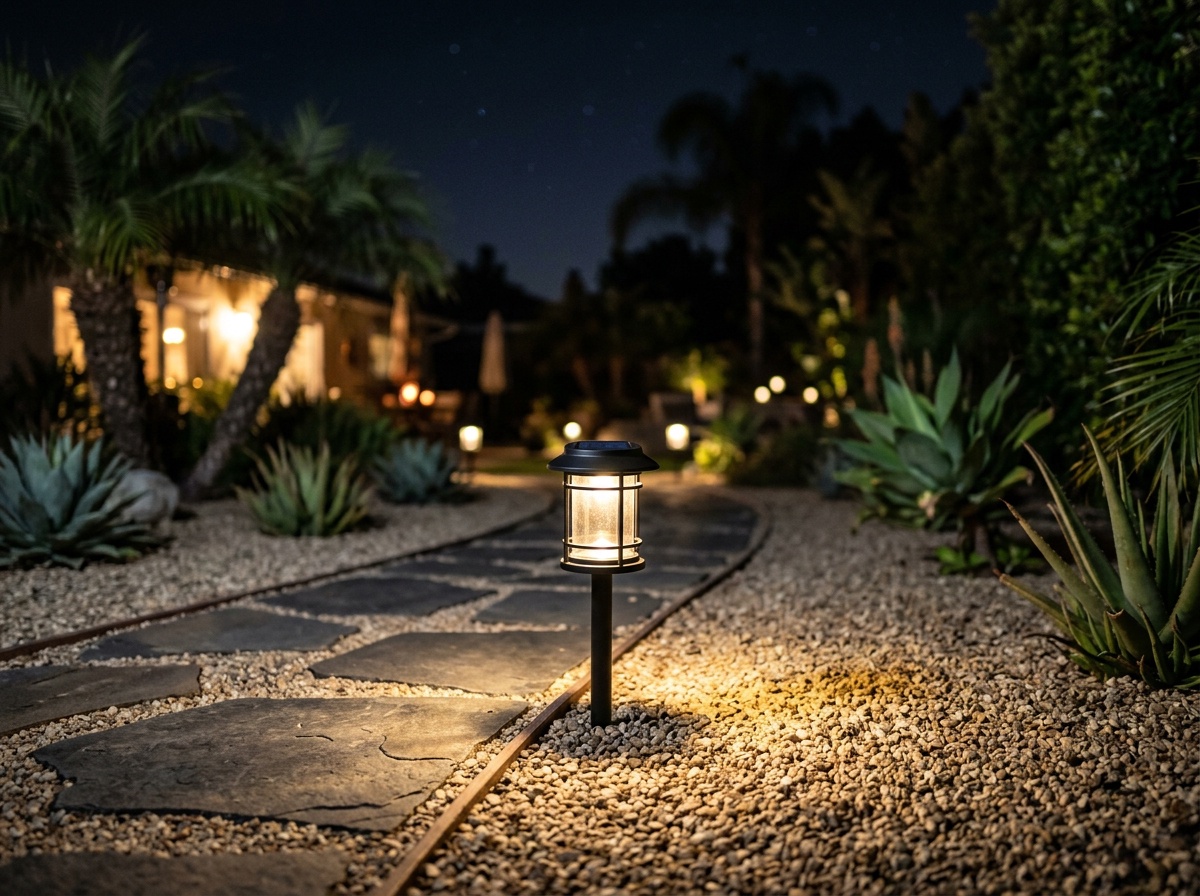 Solar-powered path light illuminating a gravel pathway through drought-tolerant landscaping at night in Southern California
