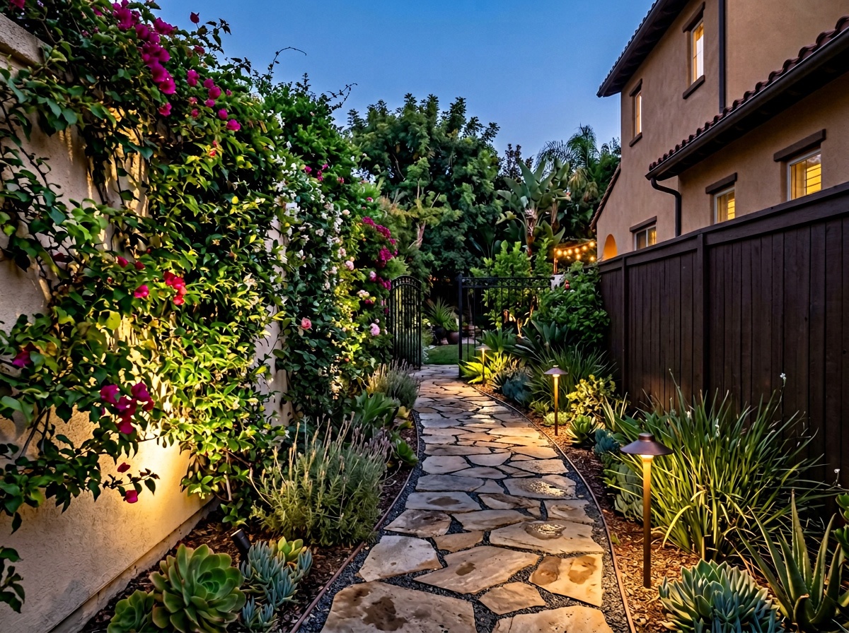Flagstone pathway with landscape lighting through lush garden plantings in a Southern California side yard at dusk