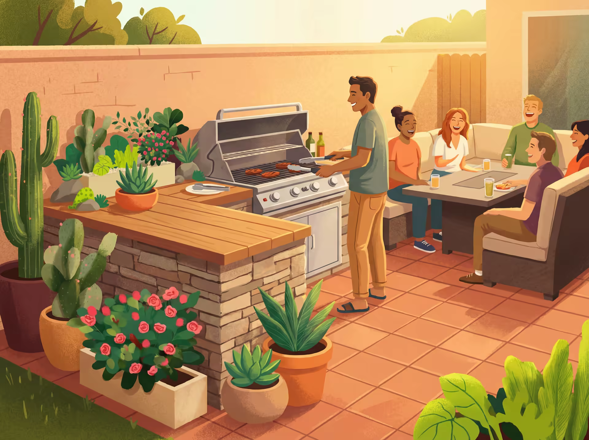 Modern Southern California outdoor kitchen with built-in grill, granite countertops, and bar seating under a pergola.