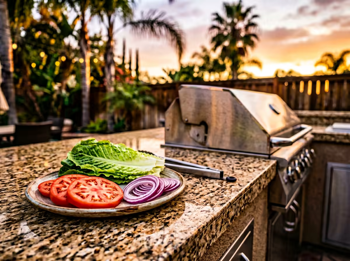 Outdoor kitchen layout showing counter space on both sides of the grill with task lighting and covered pergola roof.