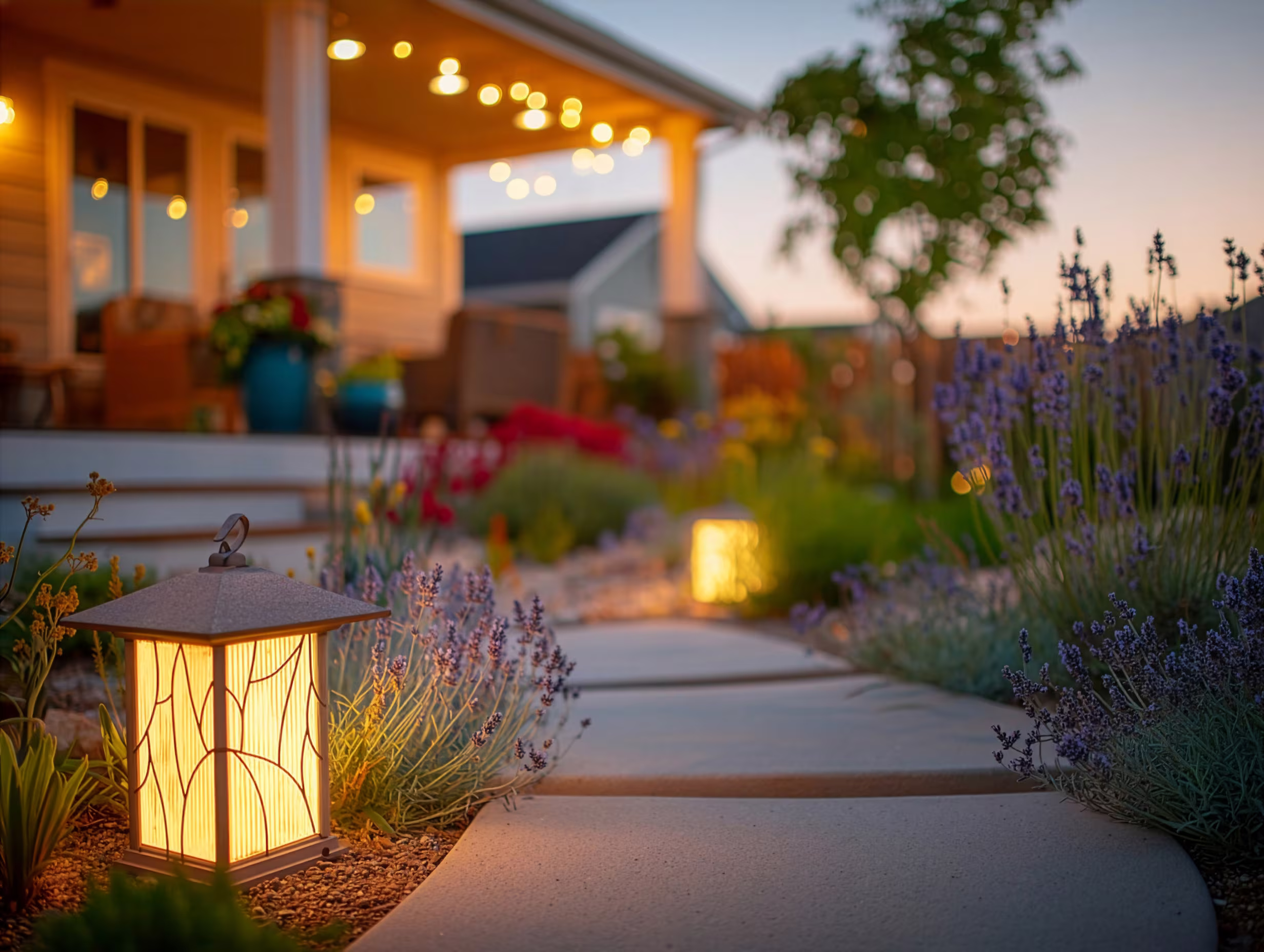 Pathway lights illuminating a water-wise Southern California walkway at dusk
