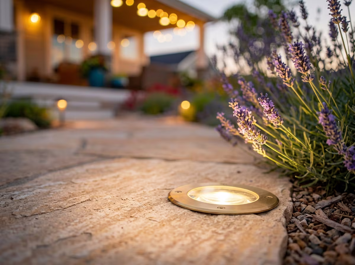 Solar pathway lights spaced along a stepping stone path through drought-tolerant plantings in a Southern California backyard