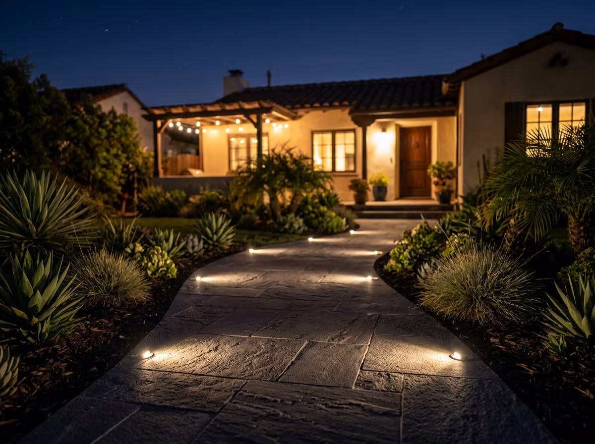 Mushroom-style pathway lights illuminating a decomposed granite walkway through a Southern California water-wise garden at dusk
