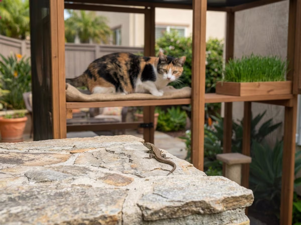 Catio with cat-safe plants and shaded mesh enclosure in a Southern California yard