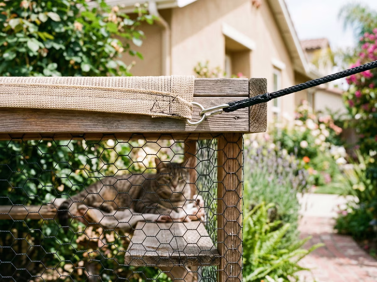Backyard catio with cat-safe plants and shaded mesh enclosure in a Southern California water-wise garden