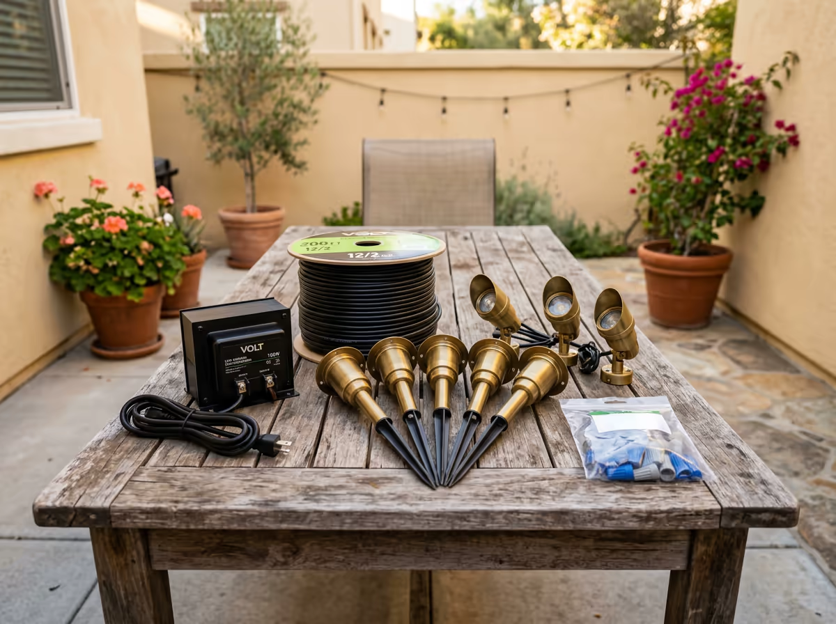 DIY low voltage landscape lighting cost comparison showing transformer fixtures wire and connectors