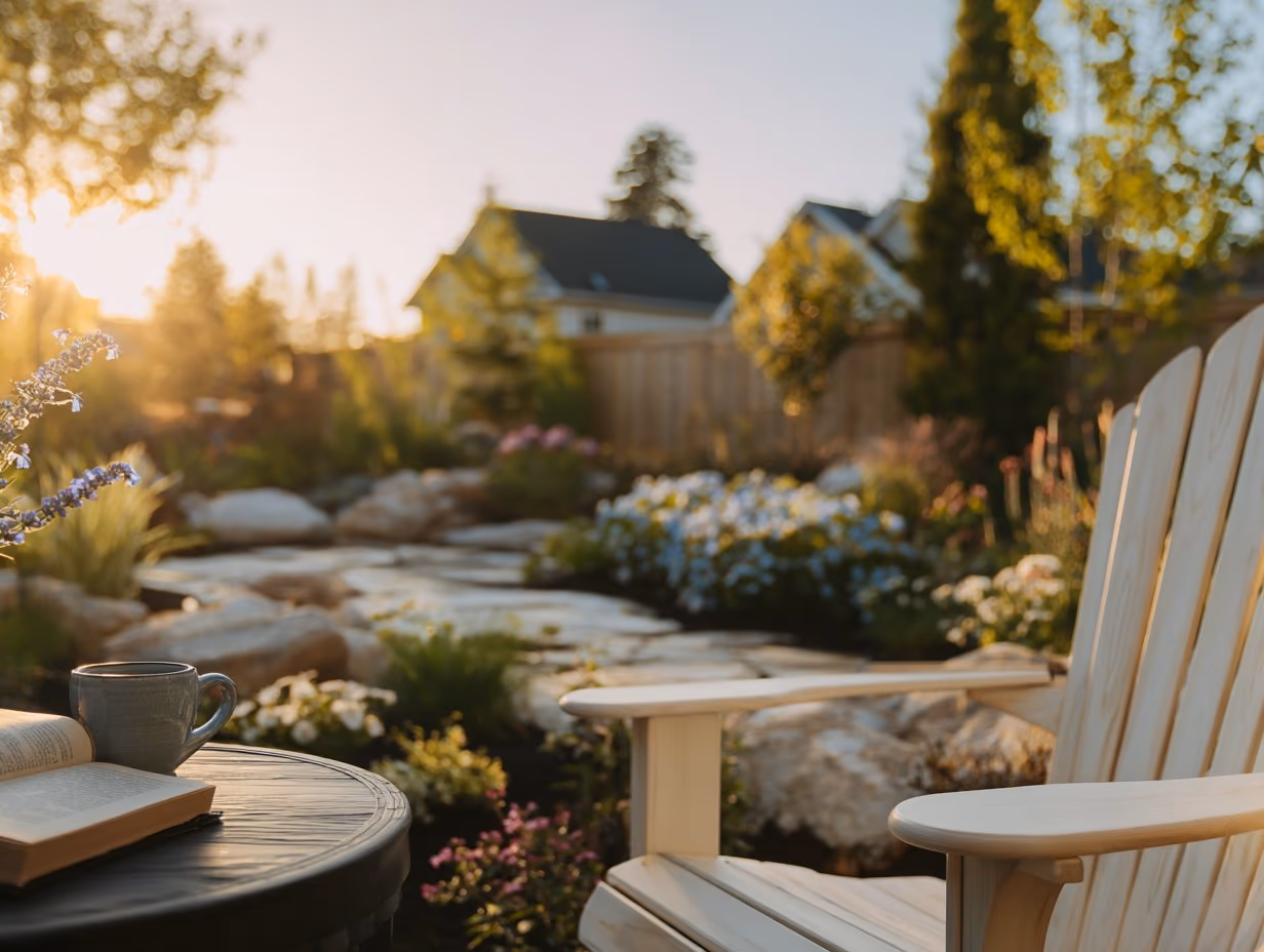Kid-friendly backyard zone with natural play features and comfortable seating area for parents in Orange County home