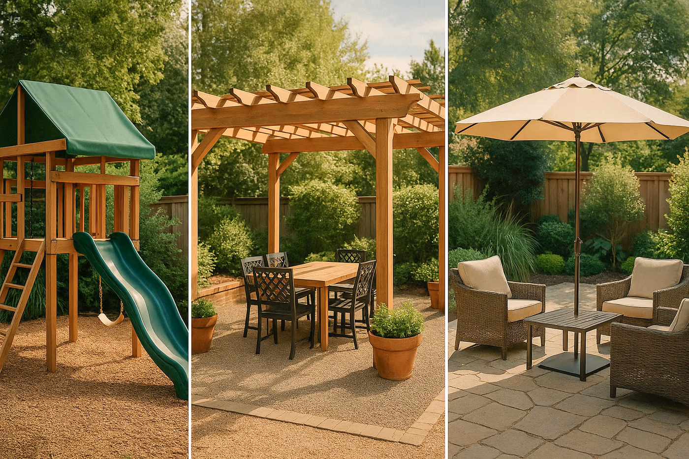 Three backyard shade options: playground canopy, wooden pergola with dining set, and patio umbrella with seating