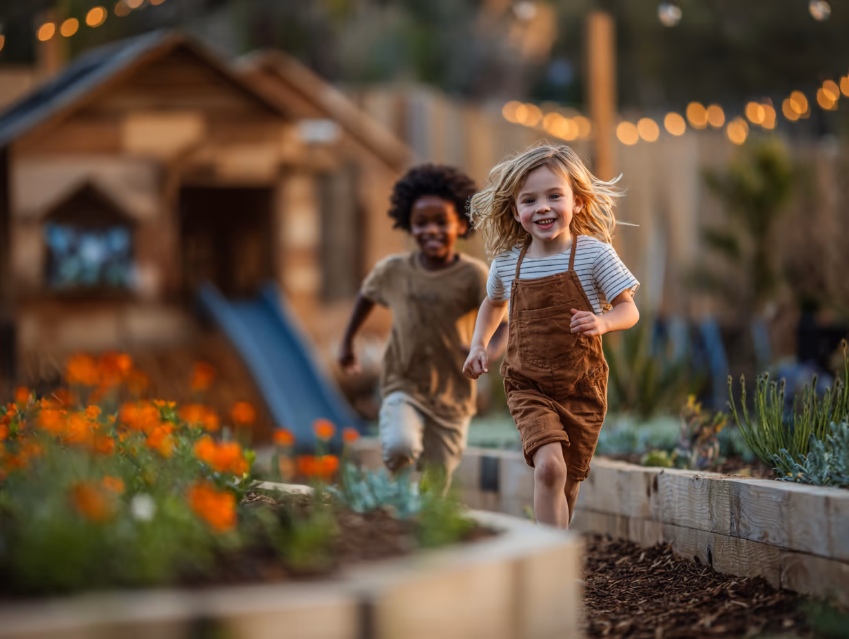 Children running between raised garden beds in a backyard with a wooden playhouse and string lights