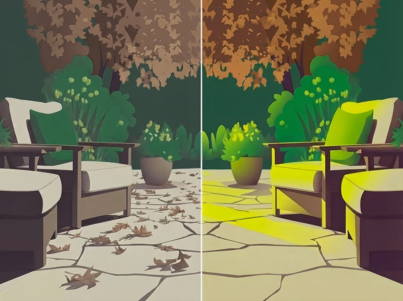 Side-by-side illustration of a backyard patio before and after fall leaf cleanup