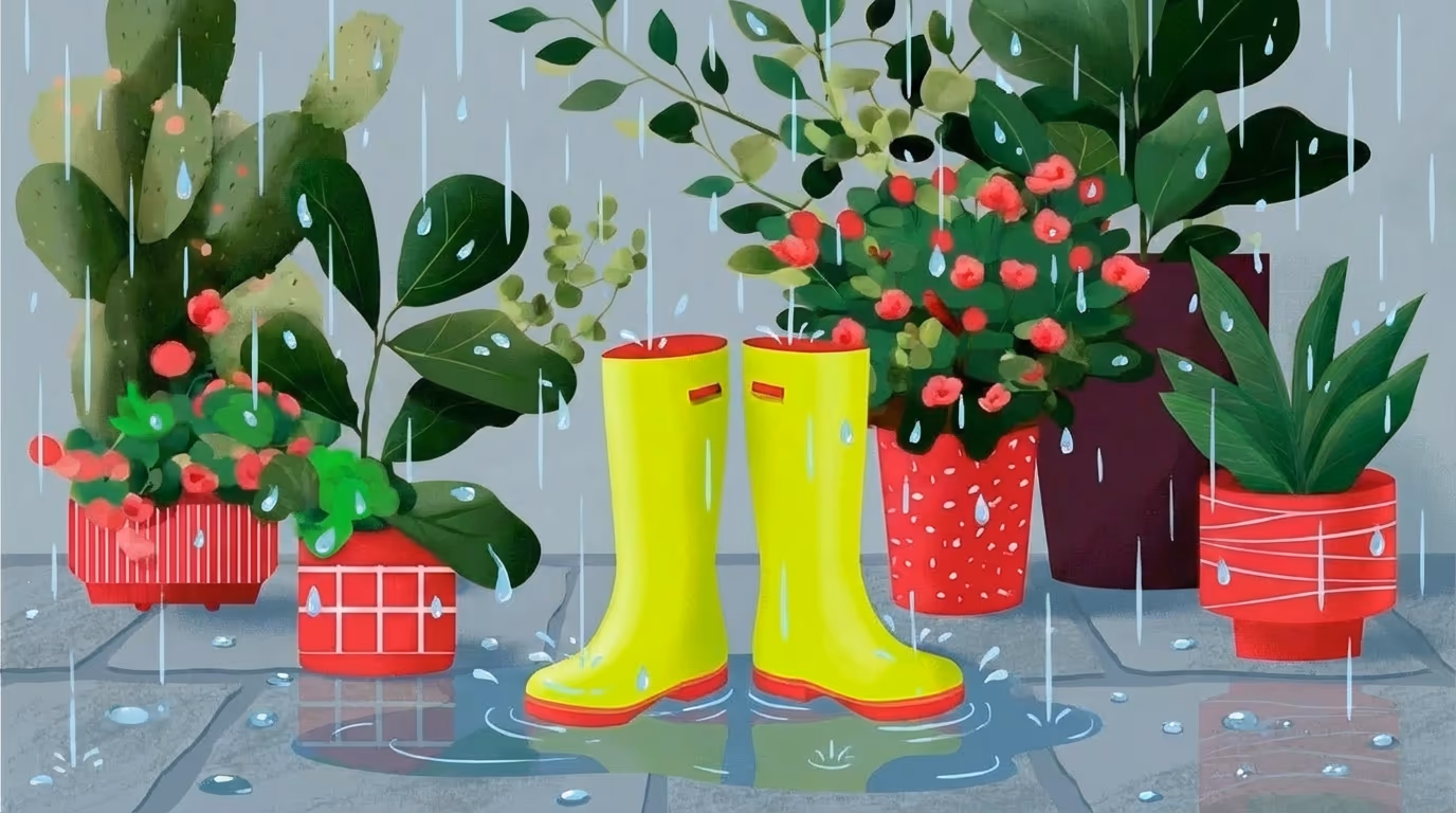 Illustrated yellow rain boots surrounded by potted plants on a rainy winter day
