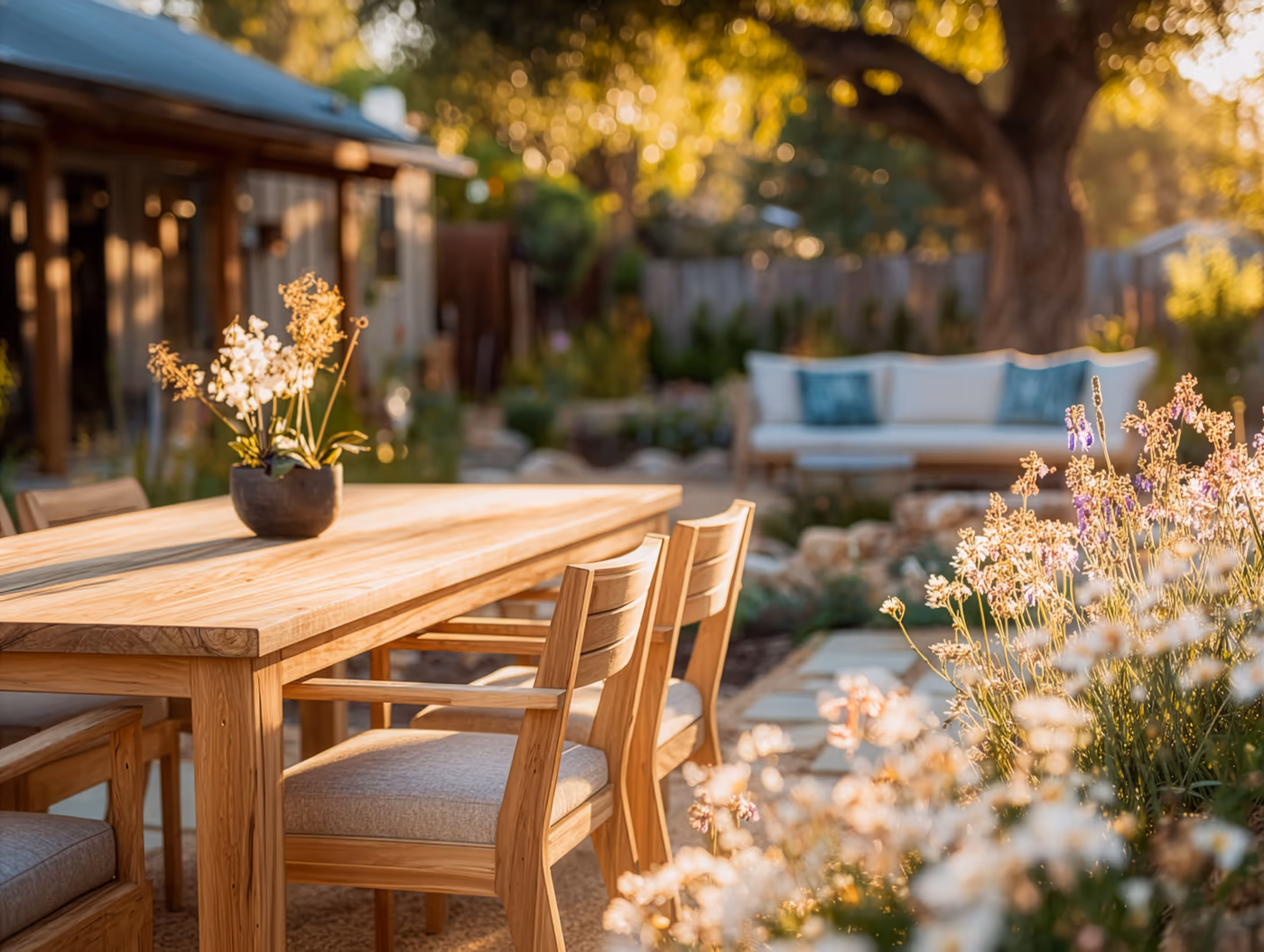 Teak dining table and chairs in a landscaped California backyard at golden hour