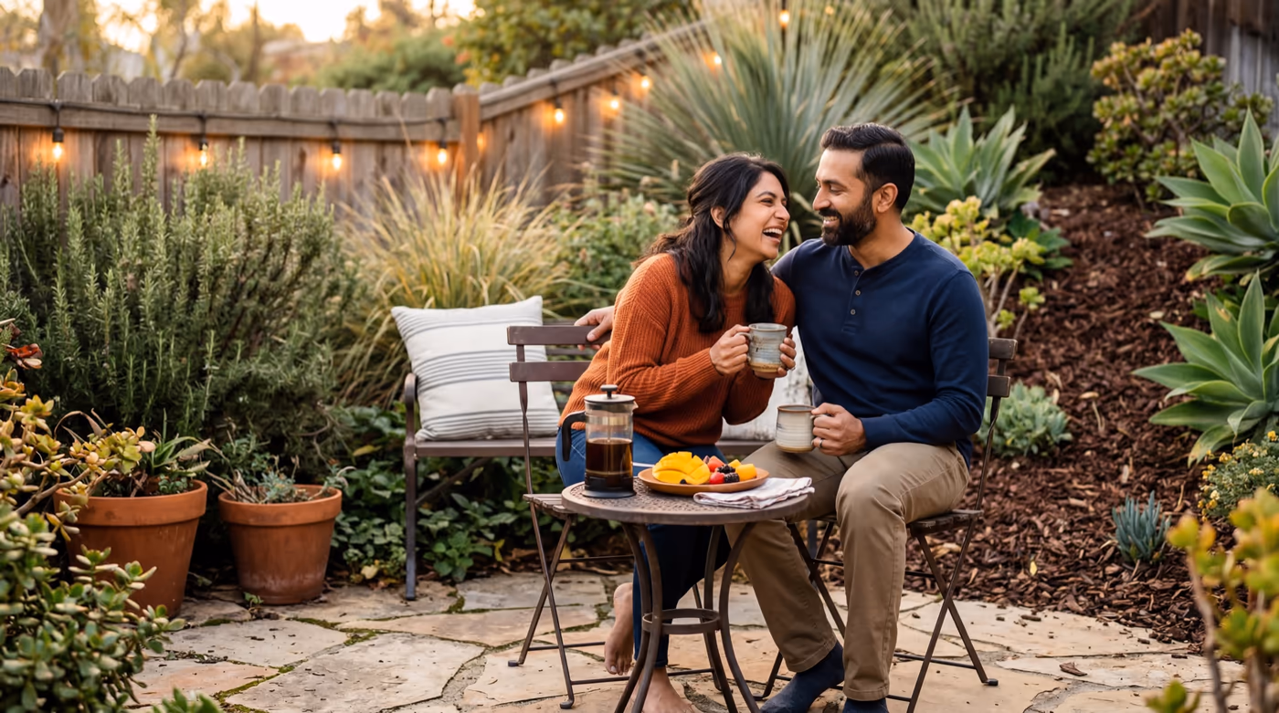 Priya and Raj Patel enjoying morning coffee at a bistro table in their drought-tolerant Southern California backyard with string lights and native plantings