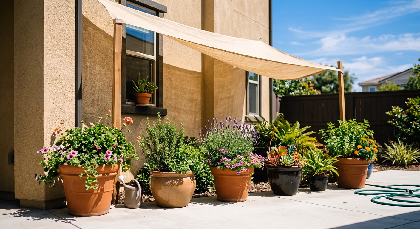 Outdoor potted plants on a sunny Southern California patio getting a deep summer watering by hand in the early morning