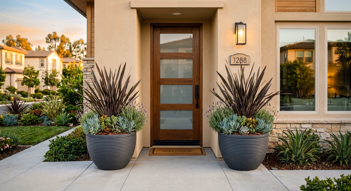 Matching botanical bento containers flanking a front entry in a small Southern California front yard