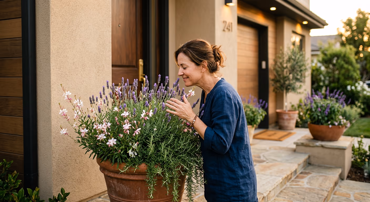 Fragrant lavender and color-led container bento arranged beside a sheltered Southern California patio entry